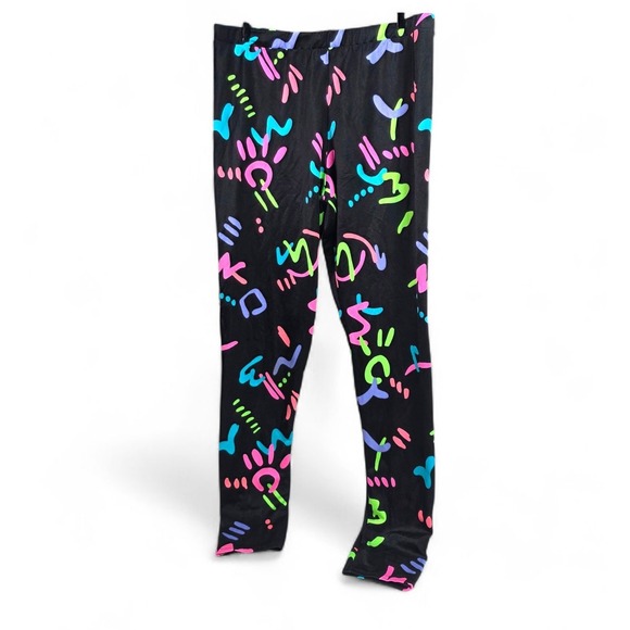 Vintage 80s Black Abstract Retro‎ Print Leggings Stretch Pants Pink Purple Black - Picture 2 of 5